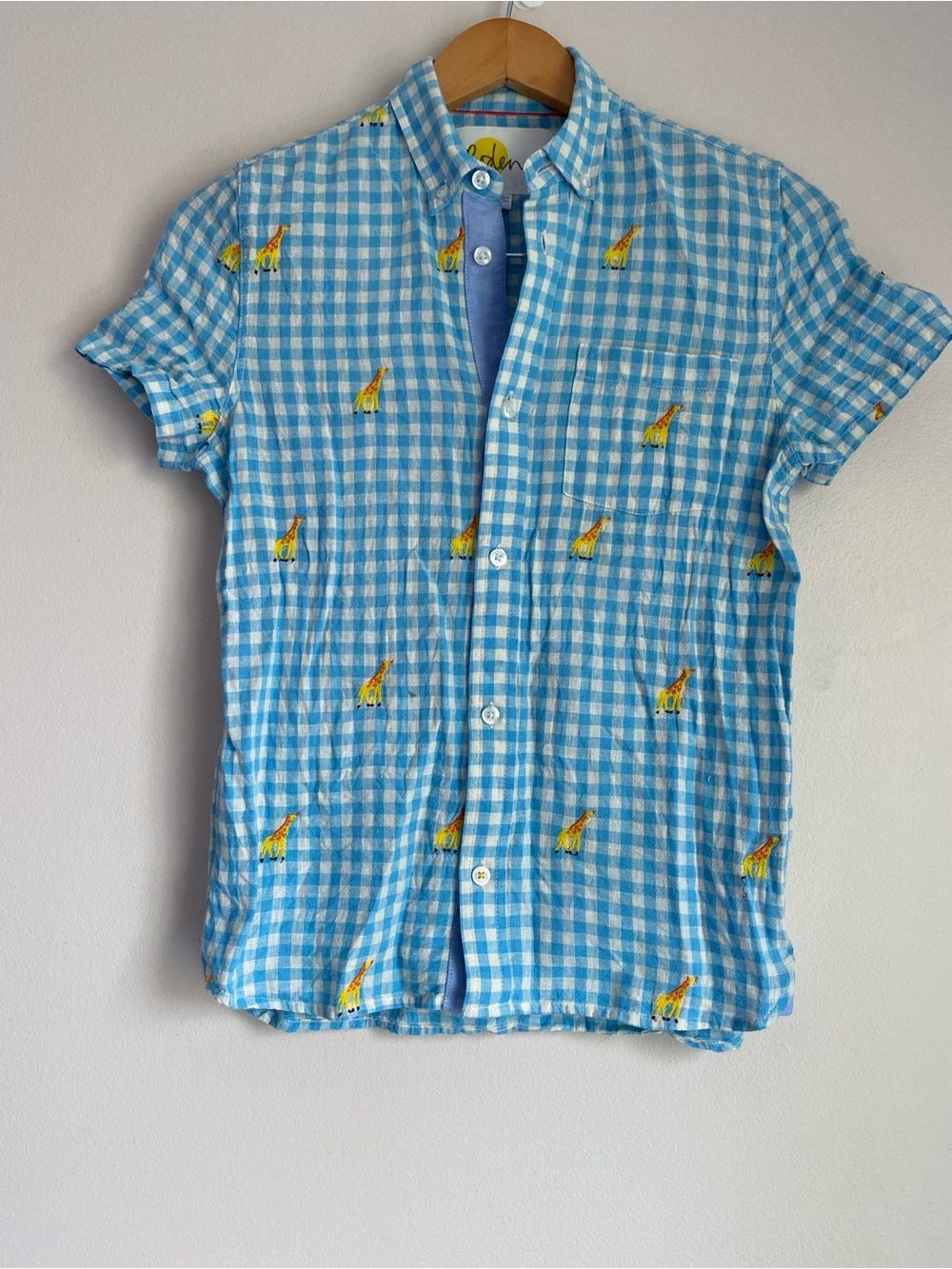 Boden 11-12 Y blue gingham button down shirt embroidered yellow giraffes